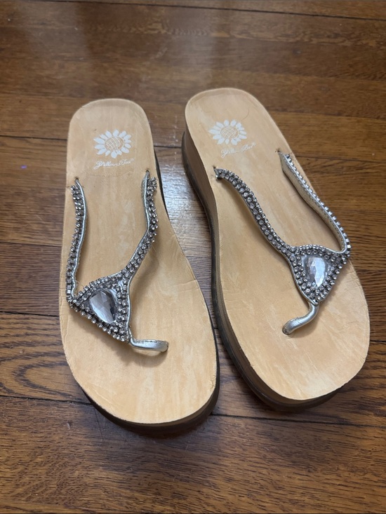 Yellow Box Shoes - Yellow Box Silver Rhinestone Wedge Toe-Post Sandals